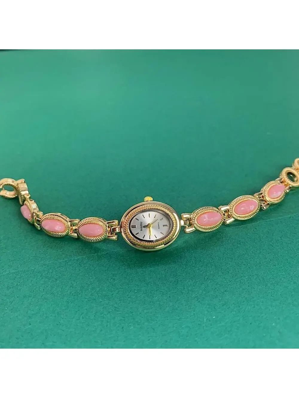 Y2k style Dainty cute Gold style tone quartz watch with pink jade stone opal acc